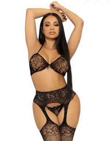 3 Pc Rhinestone Bra Top, G-String, and Garter Belt Stockings - One Size - Black