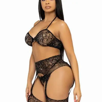 3 Pc Rhinestone Bra Top, G-String, and Garter Belt Stockings - One Size - Black