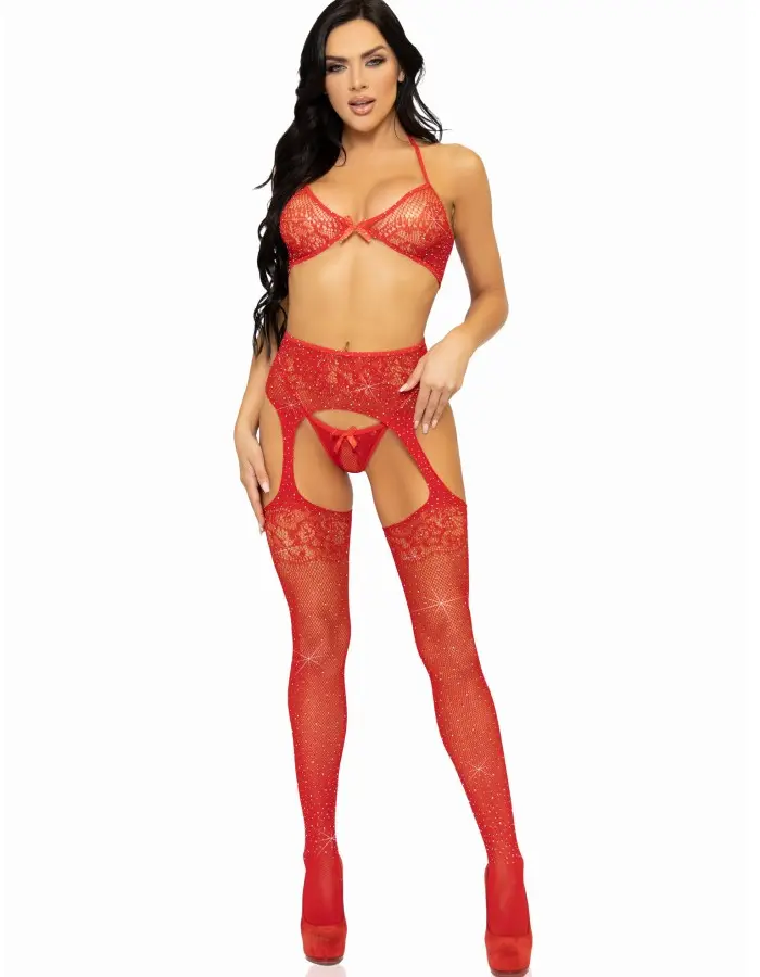 3 Pc Rhinestone Bra Top, G-String, and Garter Belt Stockings - One Size - Red