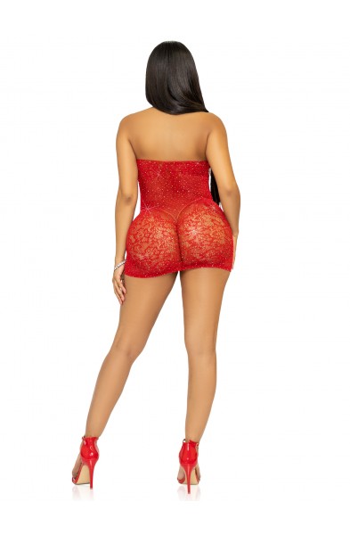 Rhinestone Lace and Net Mini Dress - One Size -  Red