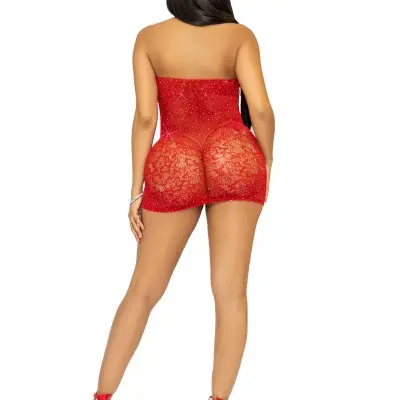 Rhinestone Lace and Net Mini Dress - One Size - Red