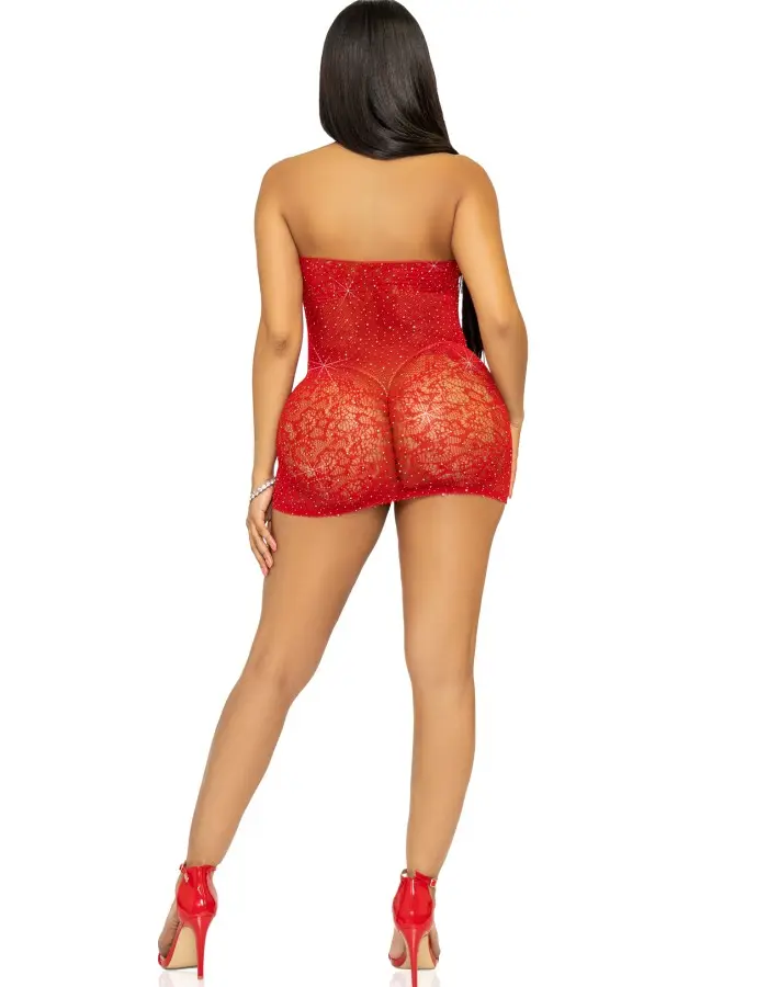 Rhinestone Lace and Net Mini Dress - One Size - Red