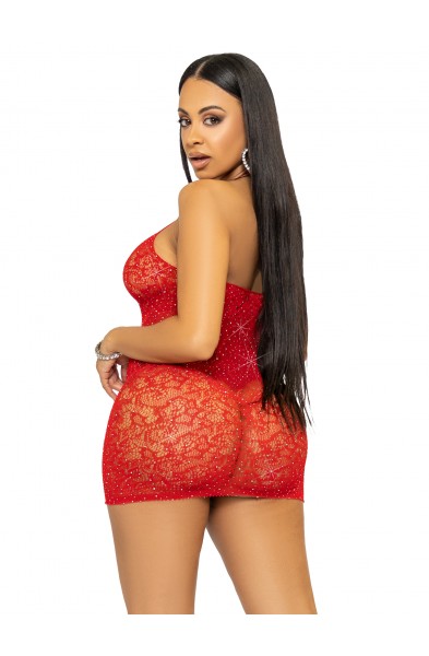 Rhinestone Lace and Net Mini Dress - One Size -  Red