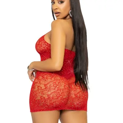 Rhinestone Lace and Net Mini Dress - One Size - Red