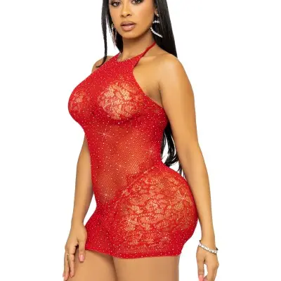 Rhinestone Lace and Net Mini Dress - One Size - Red