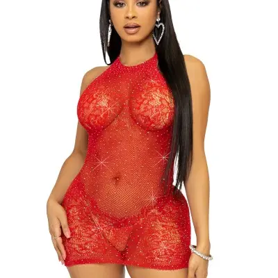Rhinestone Lace and Net Mini Dress - One Size - Red