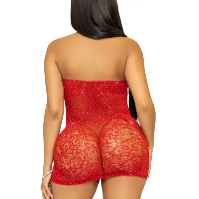 Rhinestone Lace and Net Mini Dress - One Size - Red