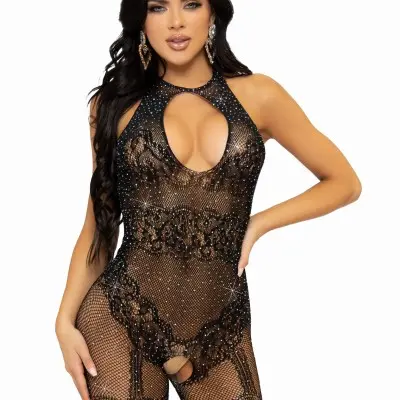 Rhinestone Lace and Net Bodystocking - One Size - Black