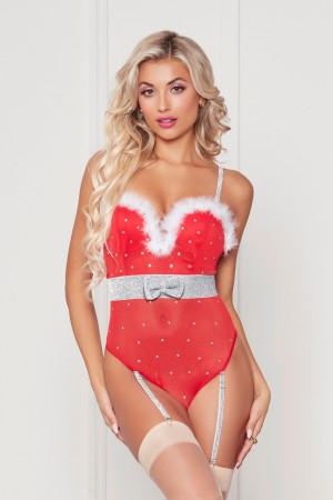 Rhinestone Studded Mesh Teddy With Marabou Trim -  Medium - Red