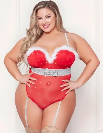 Rhinestone Studded Mesh Teddy With Marabou Trim -  1x/2x - Red