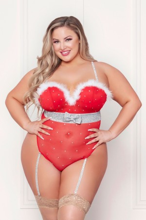 Rhinestone Studded Mesh Teddy With Marabou Trim -  3x/4x - Red