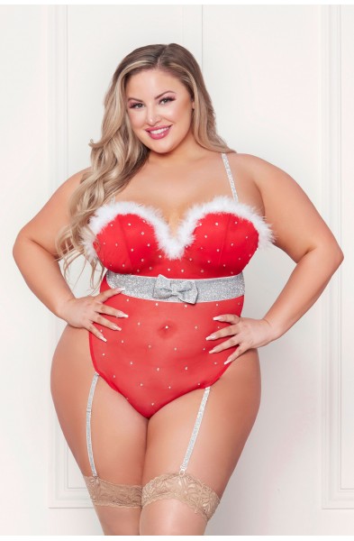 Rhinestone Studded Mesh Teddy With Marabou Trim -  3x/4x - Red