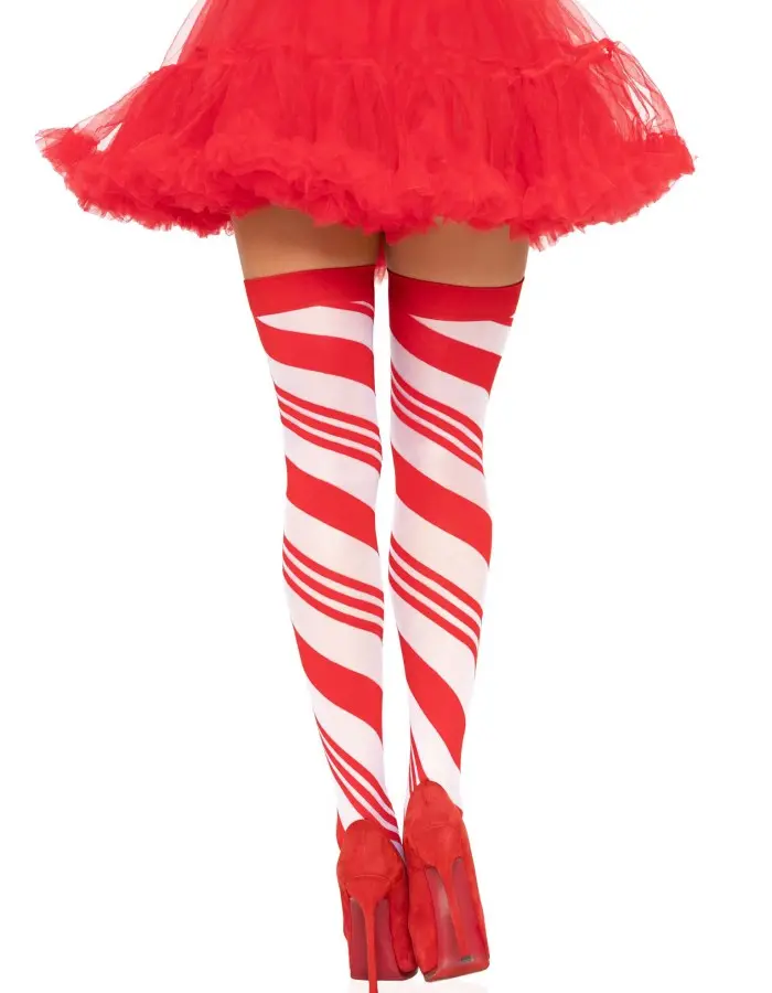 Candy Cane Thigh High - One Size - White/red