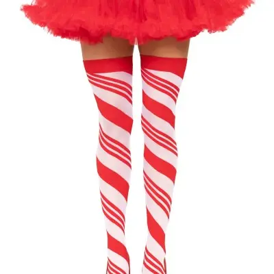 Candy Cane Thigh High - One Size - White/red