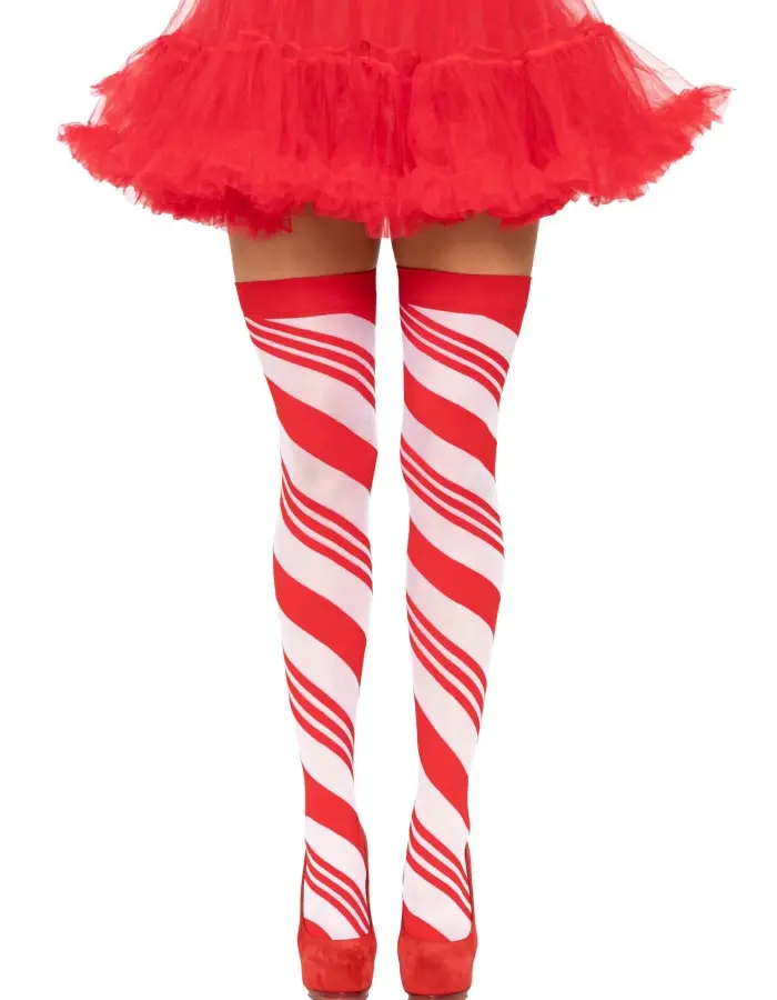 Candy Cane Thigh High - One Size - White/red