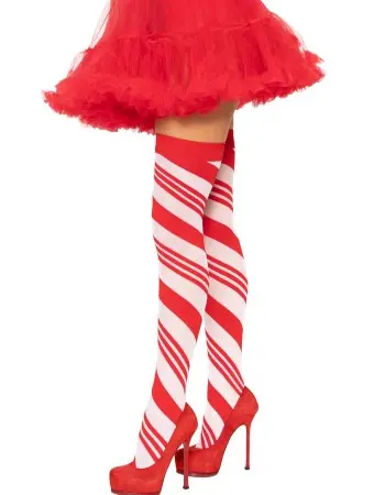 Candy Cane Thigh High - One Size - White/red