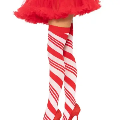 Candy Cane Thigh High - One Size - White/red