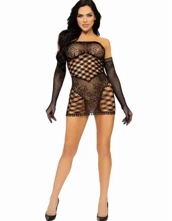 2 Pc Hardcore Net Tube Dress With Gloves - One Size - Black