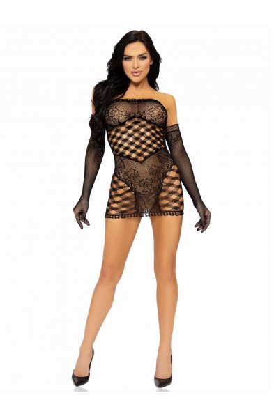 2 Pc Hardcore Net Tube Dress With Gloves - One  Size - Black