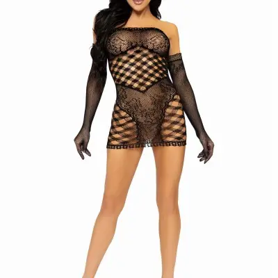 2 Pc Hardcore Net Tube Dress With Gloves - One Size - Black