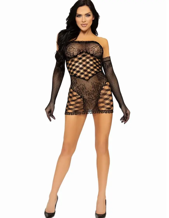 2 Pc Hardcore Net Tube Dress With Gloves - One Size - Black