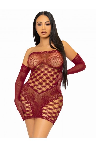 2 Pc Hardcore Net Tube Dress With Gloves - One Size - Burgundy