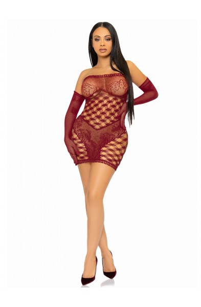 2 Pc Hardcore Net Tube Dress With Gloves - One Size - Burgundy