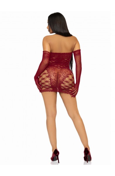 2 Pc Hardcore Net Tube Dress With Gloves - One Size - Burgundy