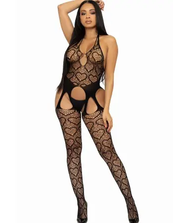 Seamless Heart Net Suspender Bodystocking - One Size - Black