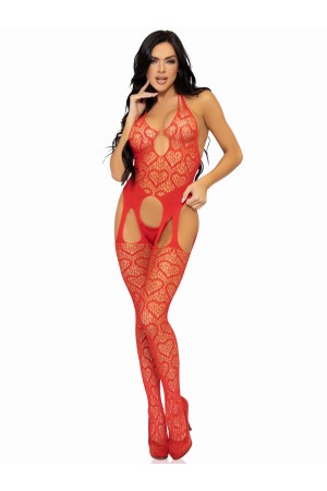 Seamless Heart Net Suspender Bodystocking - One  Size - Red