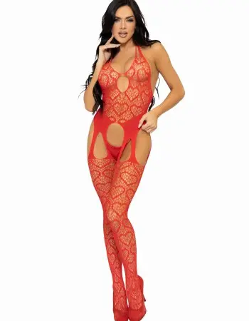 Seamless Heart Net Suspender Bodystocking - One Size - Red