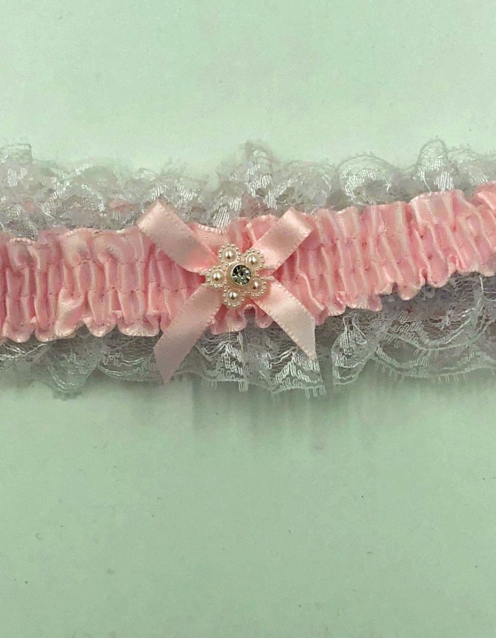 Satin Leg Garter - One Size - Baby Pink With White Lace