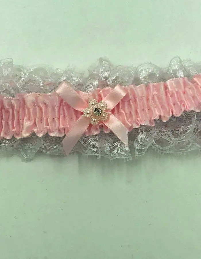 Satin Leg Garter - One Size - Baby Pink With White Lace