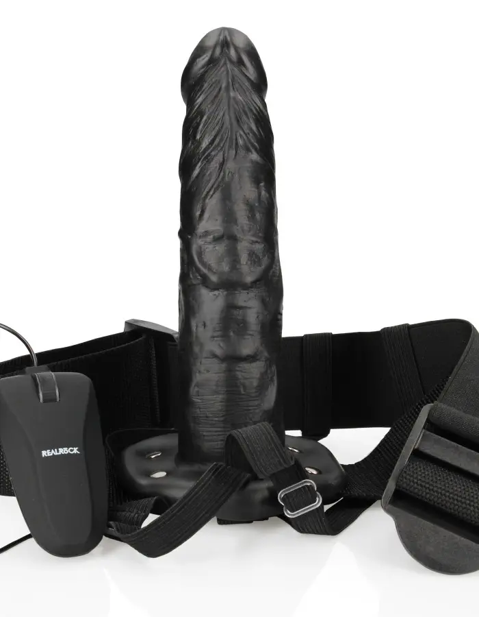 Vibrating Hollow Strap-on No Balls 8 Inch - Black