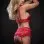 4 Pc Laced Garter Skirt With Lace Up Bra and  Stockings - One Size - Red