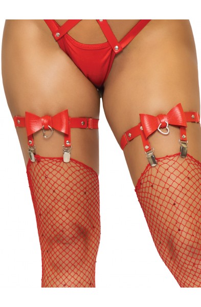 Vegan Leather Bow Garter - One Size - Red