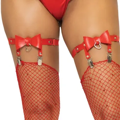 Vegan Leather Bow Garter - One Size - Red