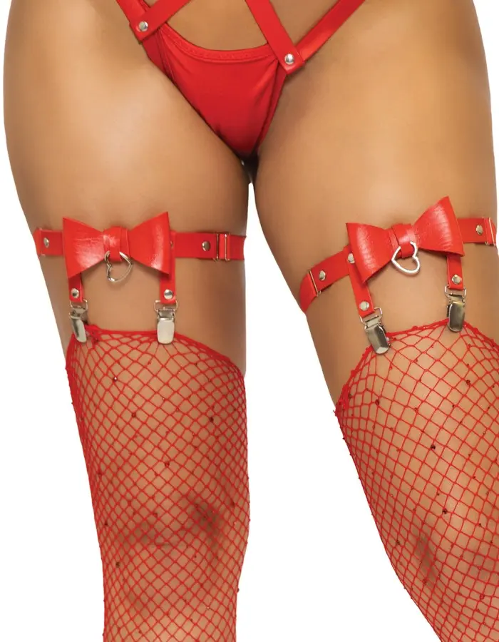 Vegan Leather Bow Garter - One Size - Red