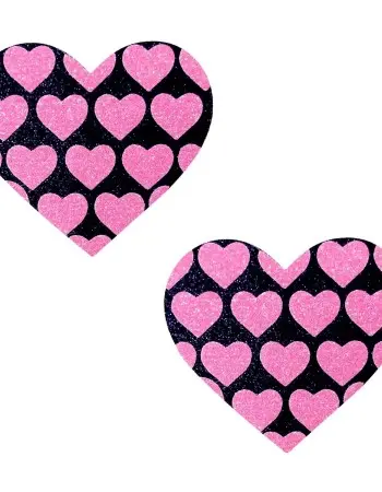 Pink Heart Neon Valentines Black Glitter Heart Nipple Cover Pasties