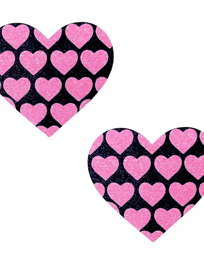 Pink Heart Neon Valentines Black Glitter Heart Nipple Cover Pasties