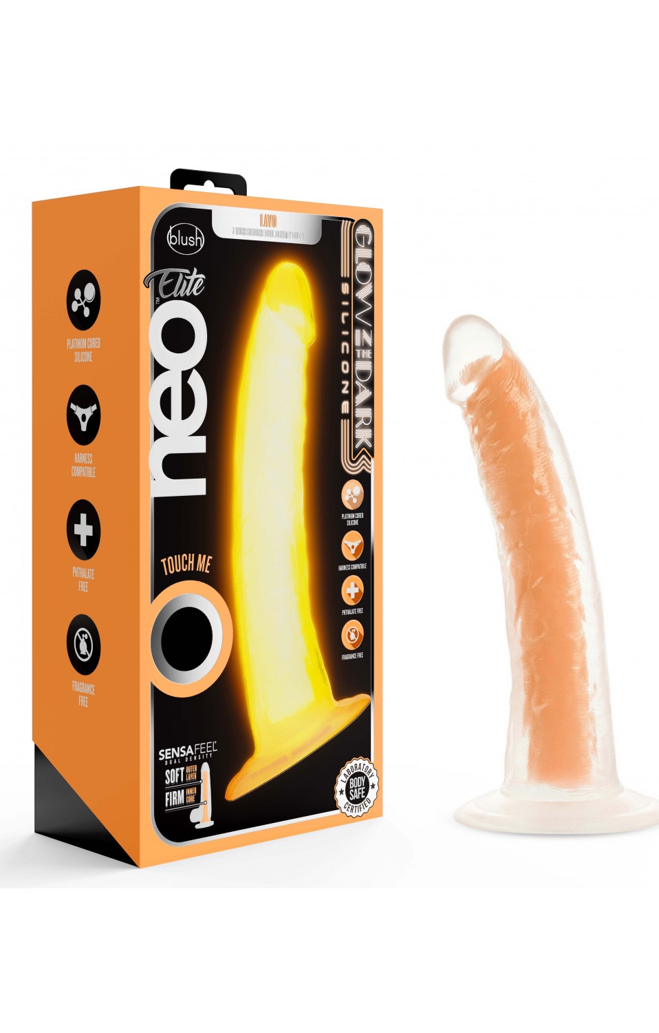 Neo Elite Glow in the Dark - Lavo - 7 Inch Silicone Dual Density Dildo -  Neon Orange - BL-12719