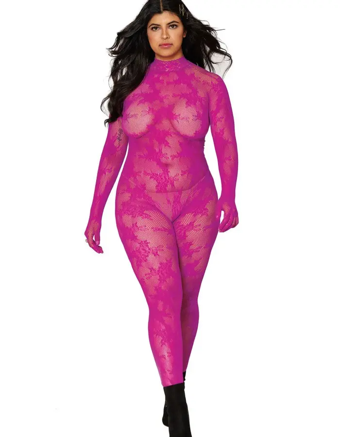 Bodystocking With Finger Gloves - Queen Size -  Azalea