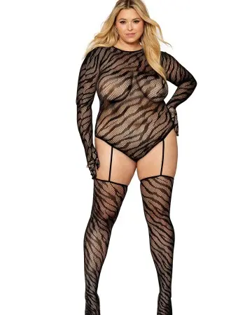 Teddy Bodystocking With Fingered Gloves - Queen Size - Black