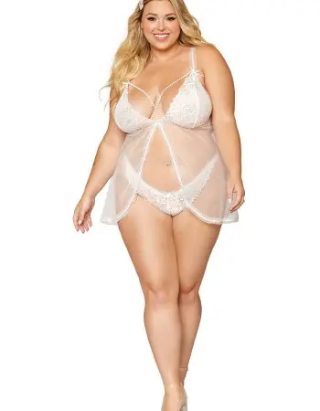 Babydoll and Pearl G-String - Queen Size - White