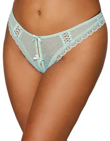 Dot Mesh Open Crotch Thong - Large - Mint