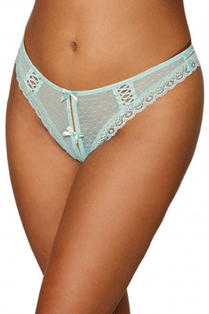 Dot Mesh Open Crotch Thong - Medium - Mint