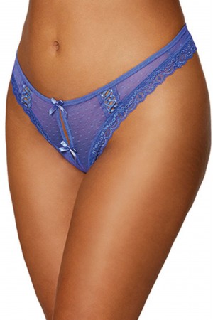 Dot Mesh Open Crotch Thong - Medium - Periwinkle