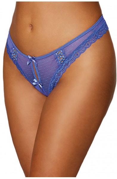 Dot Mesh Open Crotch Thong - Small - Periwinkle