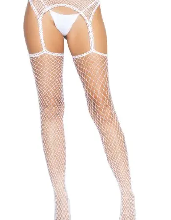Industrial Net Stockings With Scalloped Trimmed Attached Garter Belt - One Size - White