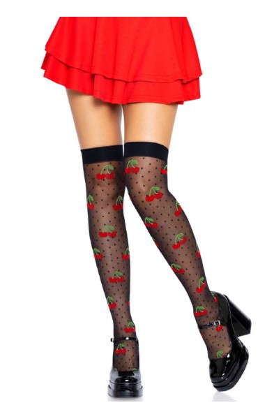 Sheer Polka Dot Cherry Thigh Highs - One Size - Black/red